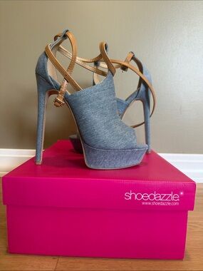 Shoe Dazzle Denim Platform Heels with Tan Straps